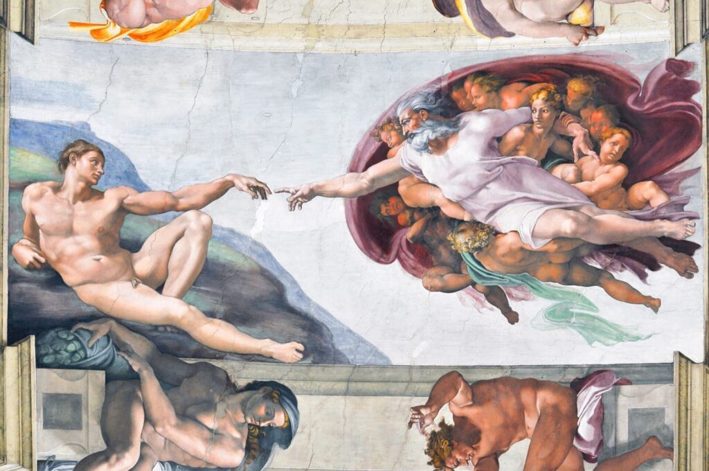 La Création d'Adam, peinte par Michel-Ange sur la partie centrale de la voûte du plafond de la chapelle Sixtine