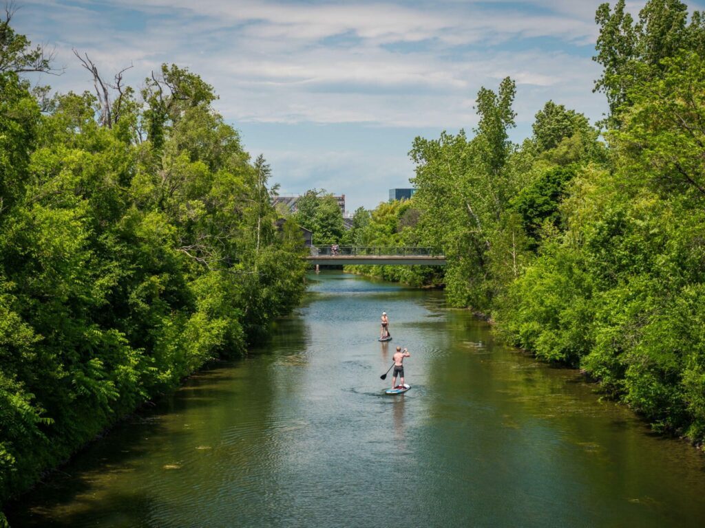 Paddle boarding on the Montreal canal