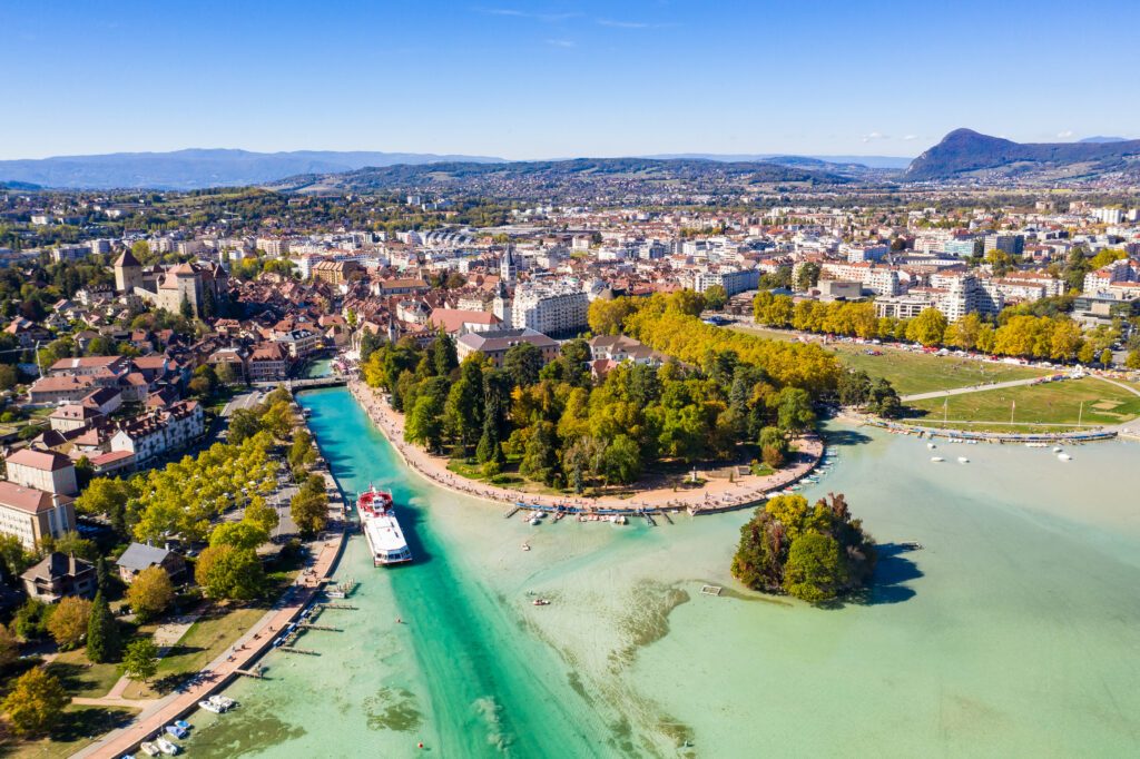 Aerial view of Annecy lake waterfront low tide level due to the drought in France