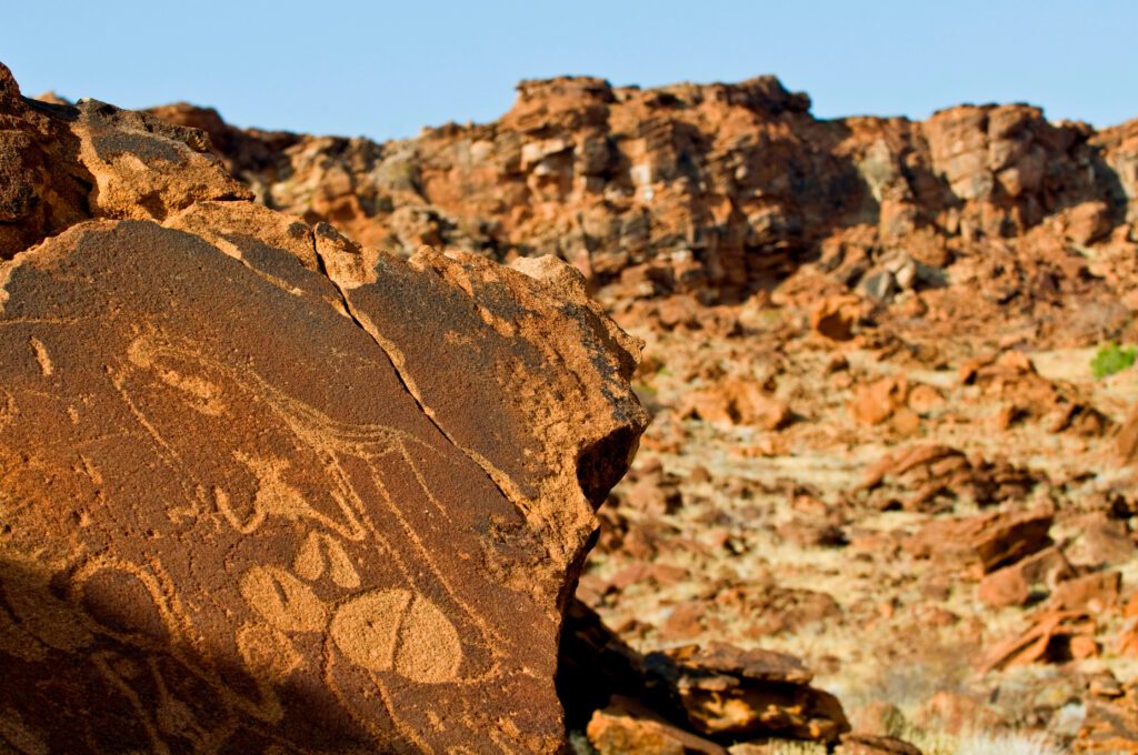 Bushmen petroglyphs, Twyfelfontein rock art site in Damaraland, southern Kaokoveld Wilderness, Namibia.