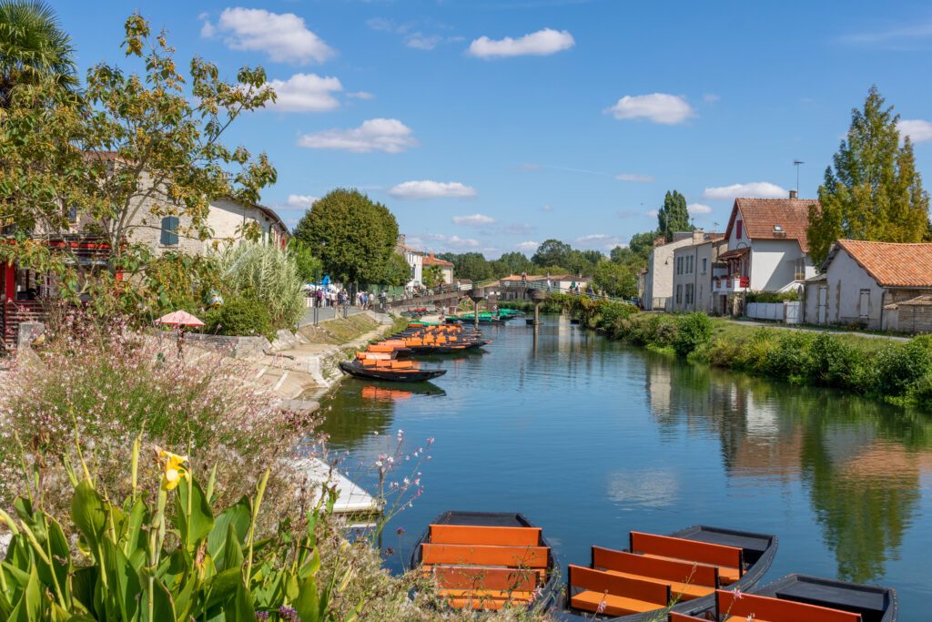 Coulon town in France. River view. Deux Sevres, New Aquitaine region. Tourism place