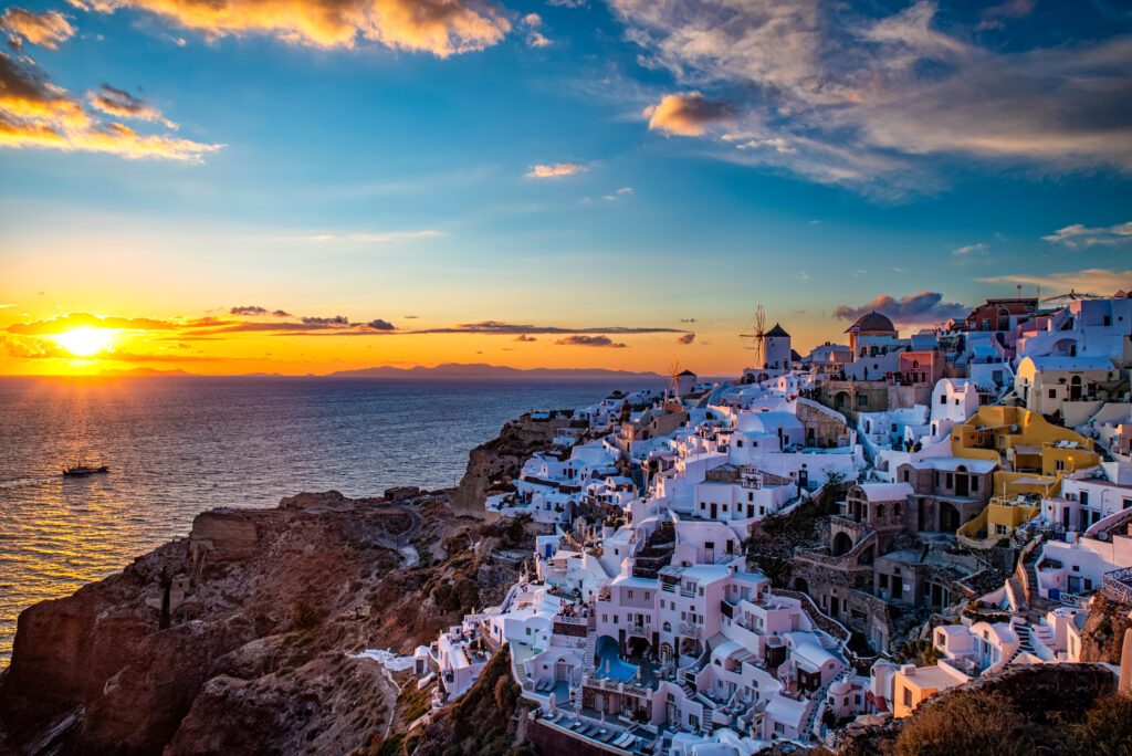 Sunset in Oia town on Santorini island