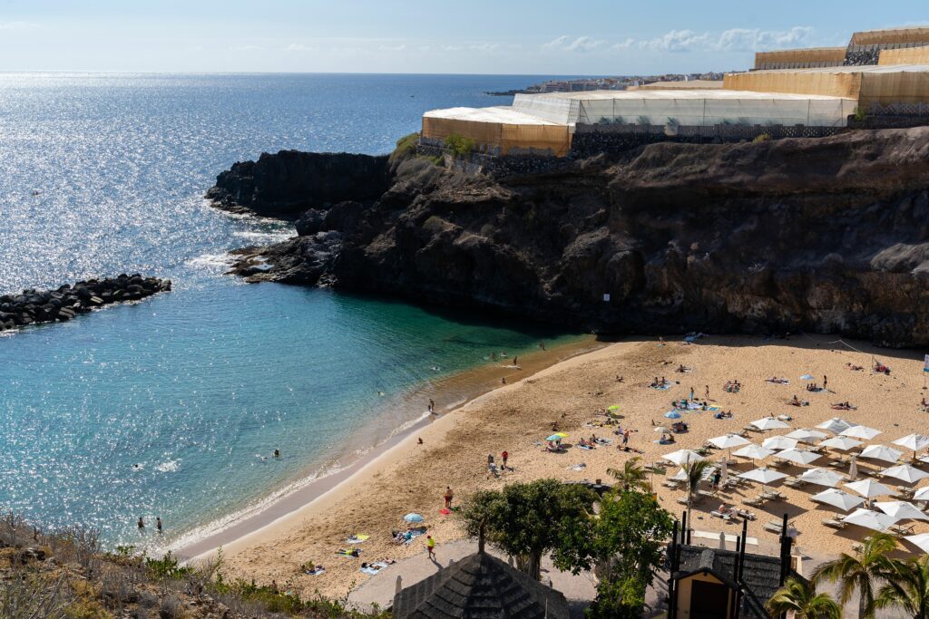 Aerial view of the sunny beach of Playa Abama, Tenerife, Canary islands