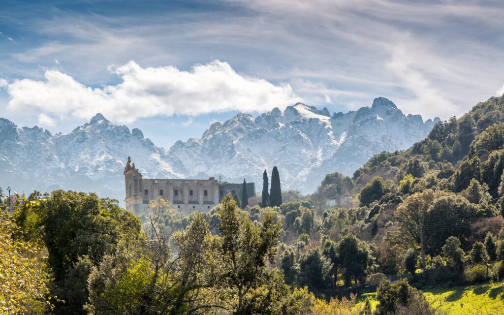 San Francesco convent and mountains at Castifao in Corsica