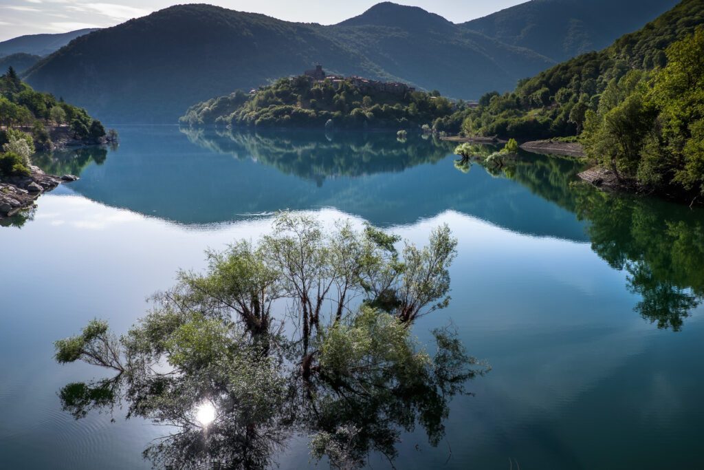 Vagli di Sotto village on Lago di Vagli, Vagli lake, Tuscany, It