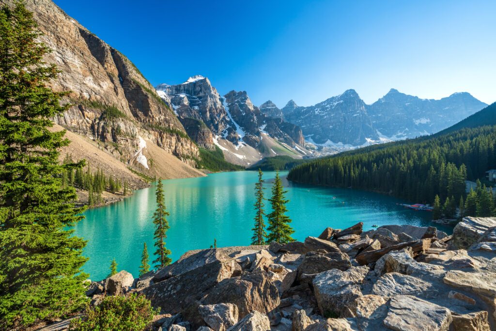 Banff National Park beautiful landscape. Moraine Lake in summer time. Alberta, Canada. Canadian Rockies nature scenery.