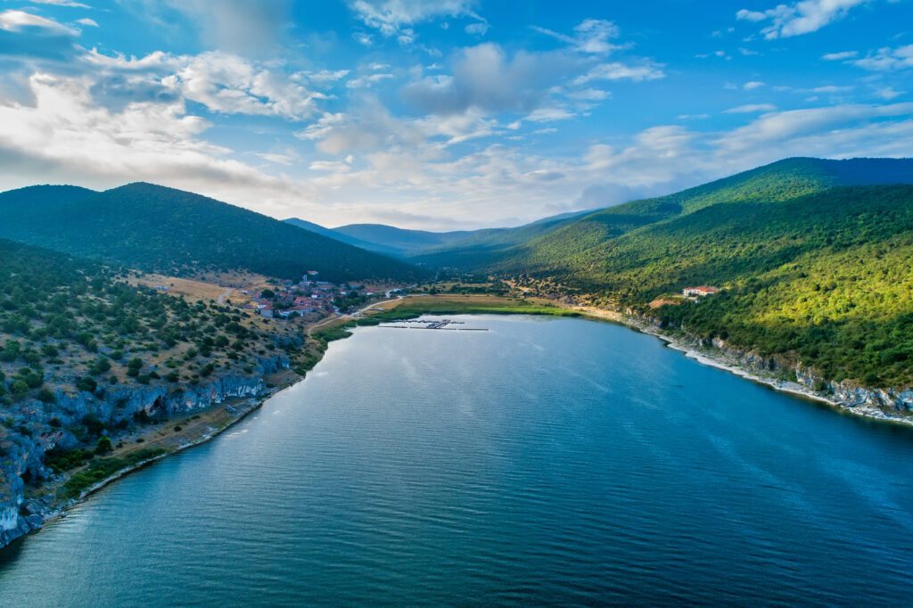 aerial view of the beautiful fishing village Psarades in Prespa lake in Northern Greece