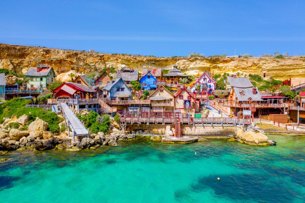 Malta, Il-Mellieha. View of the famous Popeye  village Mellieha and bay on a sunny day