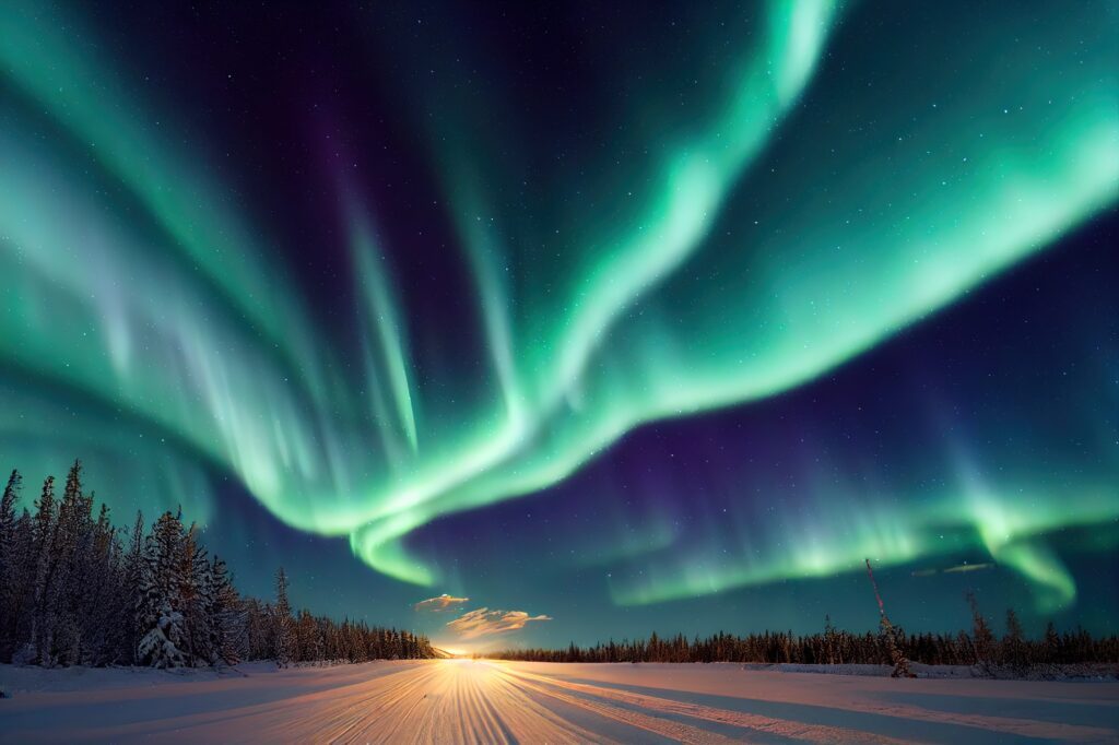 Spectacular aurora borealis (northern lights) over a track through winter landscape in Finnish Lapland.