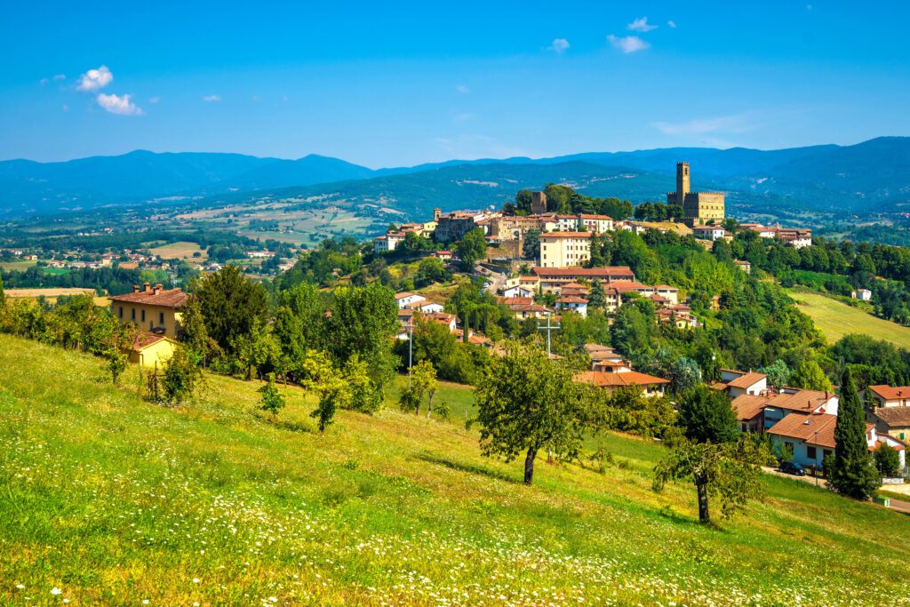 Poppi medieval village panoramic view. Casentino Arezzo, Tuscany Italy