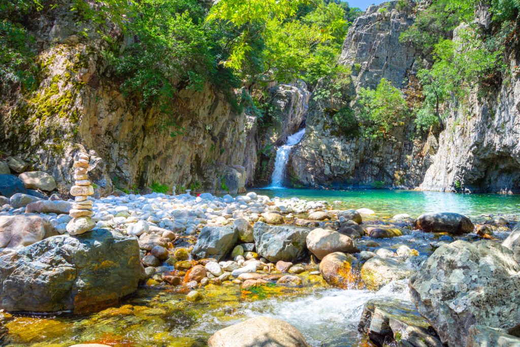 Vathres are small water natural pools with waterfalls along the mountain of Saos on Samothraki island, Greece.