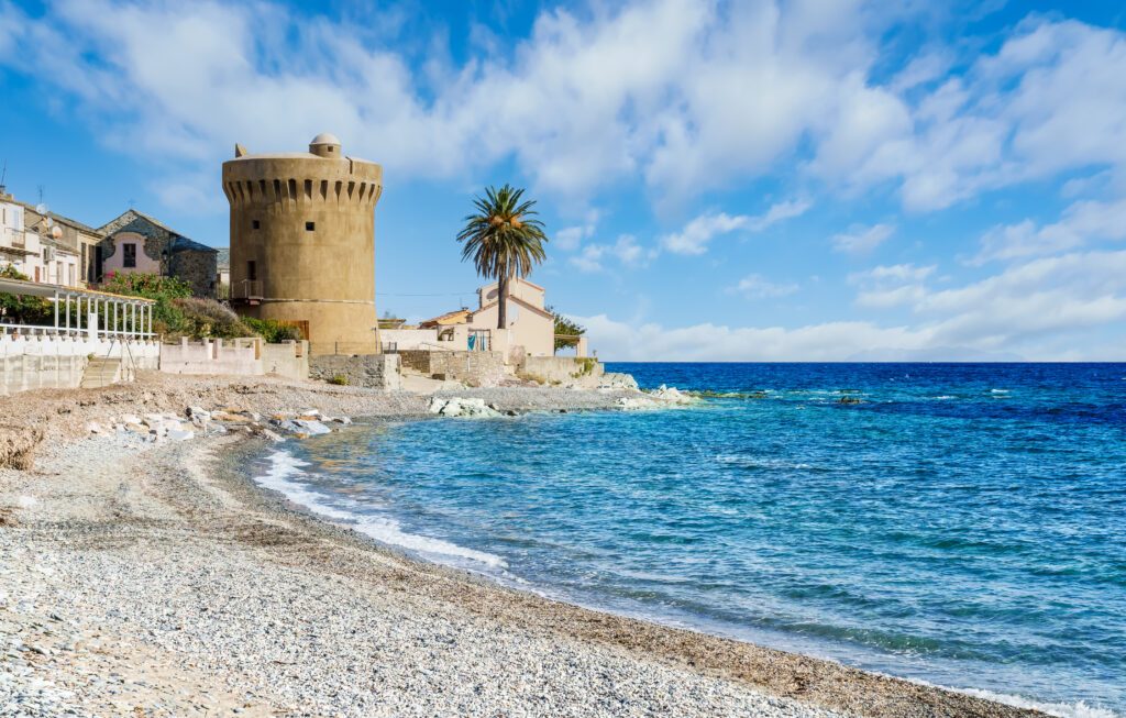 Landscape with Plage de Miomo in Santa Maria di Lota, Corsica island, France