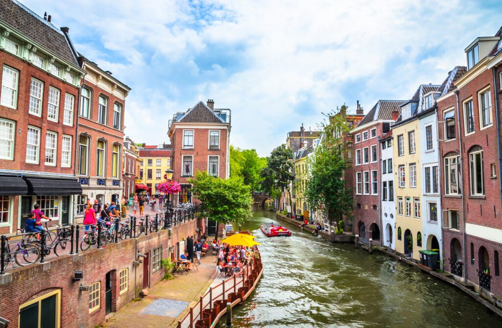 Traditional houses on the Oudegracht (Old Canal) in center of Utrecht, Netherlands