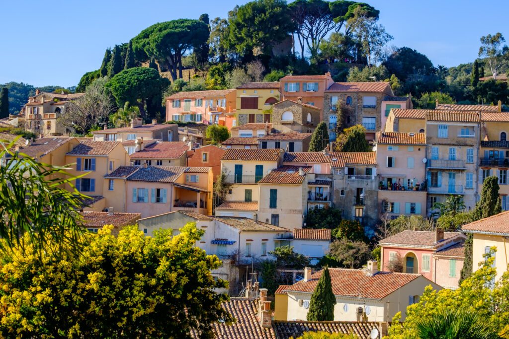 Vue sur le village de Bormes-les-Mimosas en fevrier, les mimosas en fleurs.