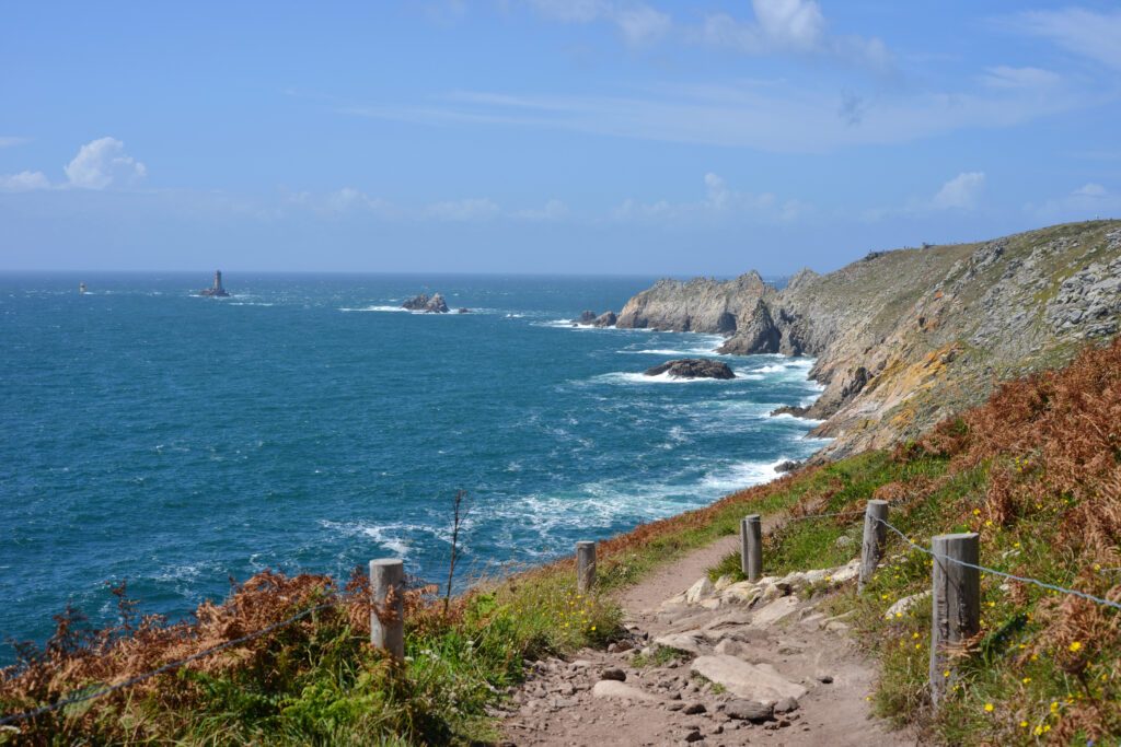 Hiking trail on the brittany coast view to Pointe du Raz, France