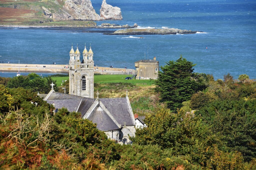 view on the church howth and sea