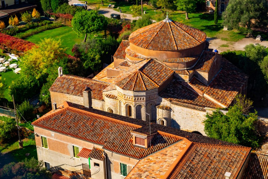 Aerial view of Santa Maria di Assunta cathedral on Torcello island, Venice
