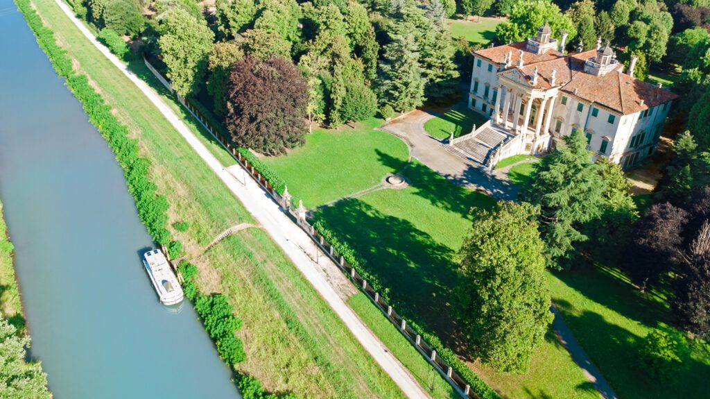Aerial top view of ancient villa Giovanelli and garden on canal Brenta from above, Padua (Padova) in Veneto, Venice region, Northern Italy