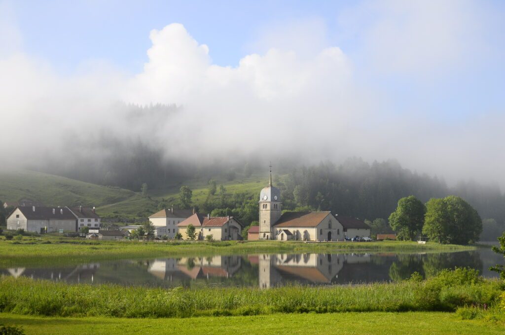 Beautiful natural landscape of Abbey Lake in Jura, France