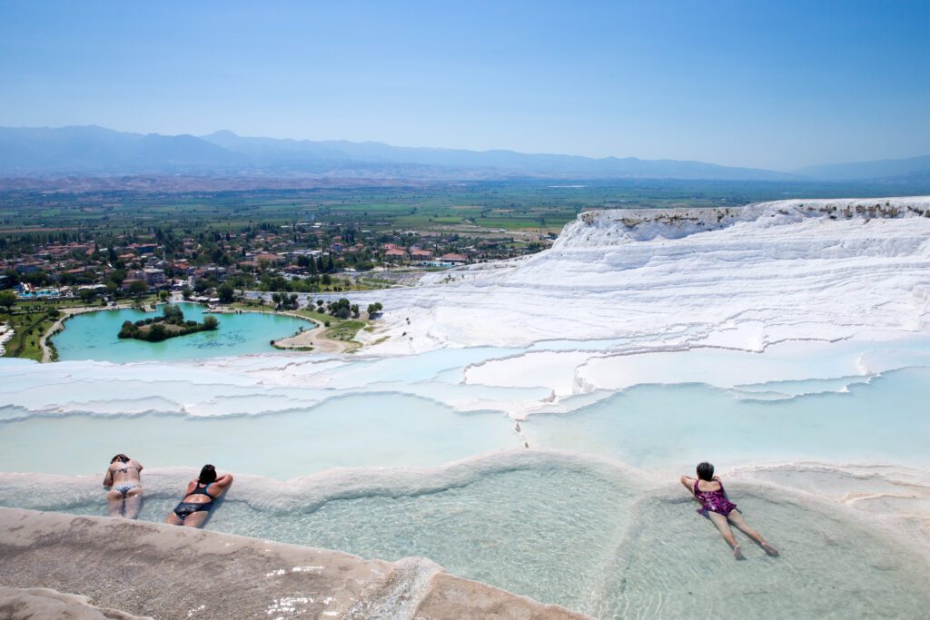 Pamukkale, Turkey - August, 14 2015: Tourists on Pamukkale Trave