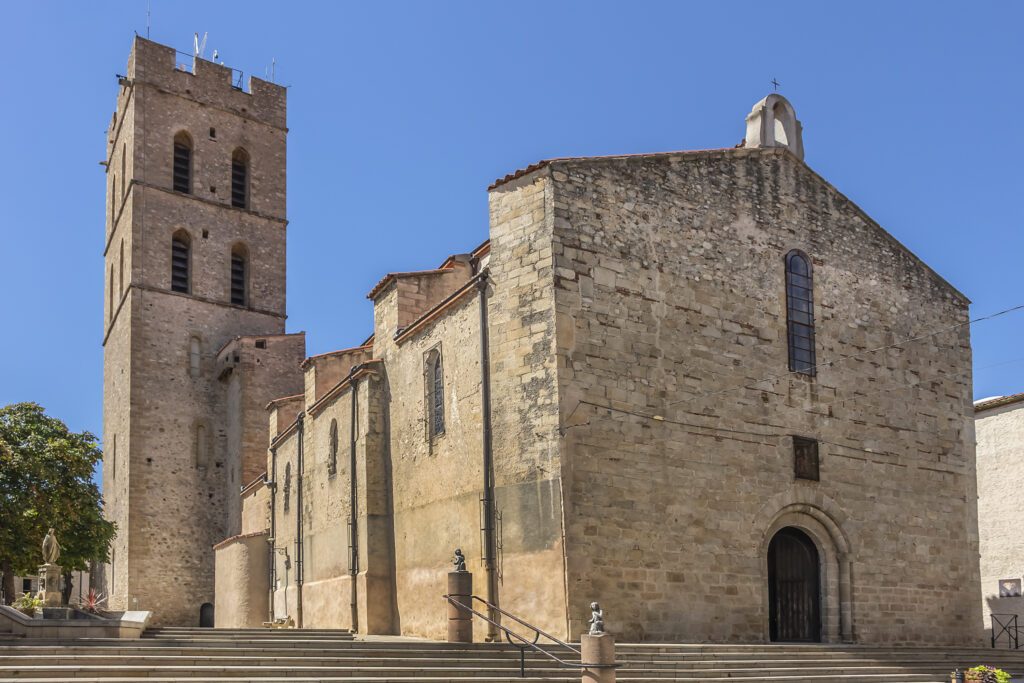 Church Notre-Dame del Prat (1178) in Argeles-sur-Mer. In XIV century Notre-Dame rebuilt and equipped with a beautiful bell tower. Argeles-sur-Mer, Pyrenees Orientales, Languedoc Roussillon, France.