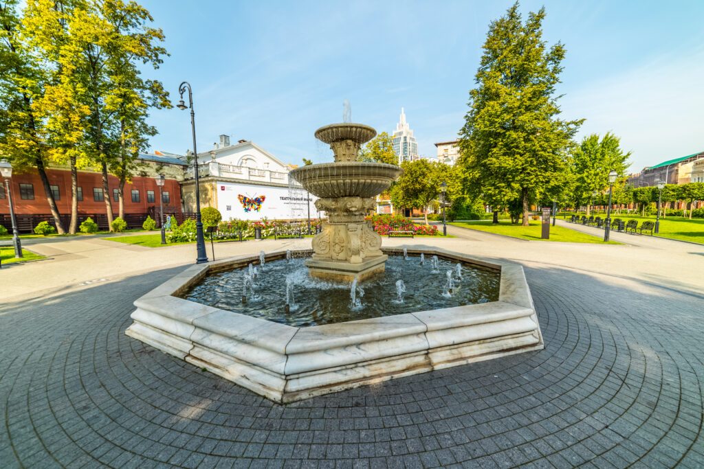 Karetny Ryad Street,Fountain in the Hermitage Garden  in Moscow.