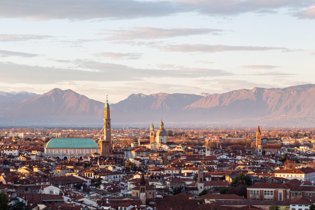Aerial view of the city of Vicenza in Italy at sunset. The city of Palladio, from the name of the architect who designed most of his works here in the late Renaissance.