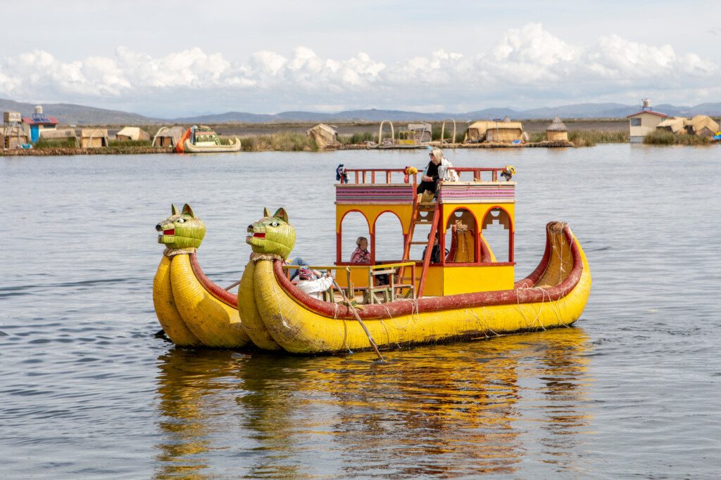 Reed boat on Lake Titicaca, Puno Peru