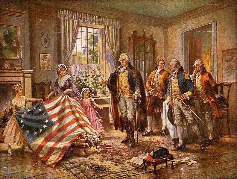 Betsy Ross presente une version du drapeau des Etats-Unis à treize étoiles