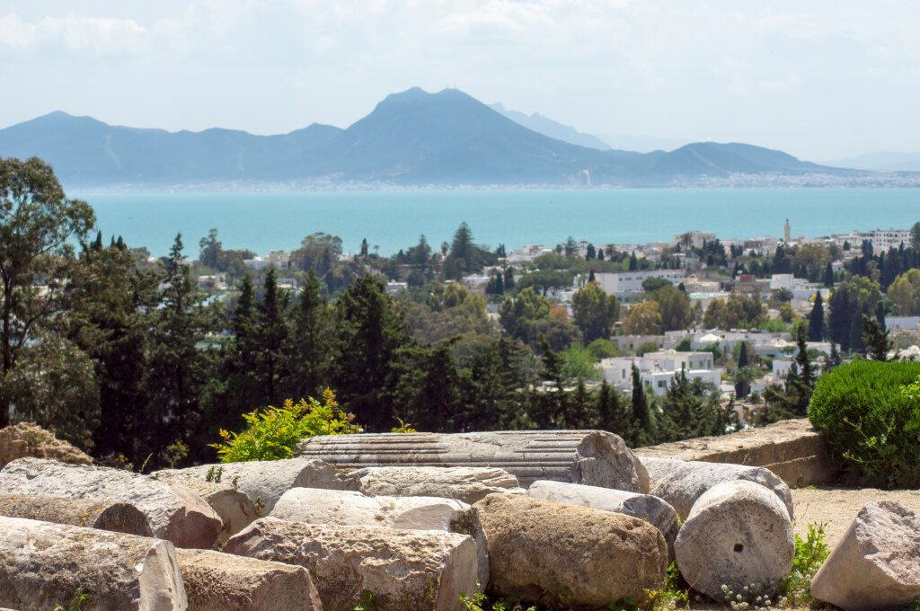 Roman era ruins and Gulf of Tunis on the Mediterranean Sea viewed from Byrsa, Carthage, Tunisia