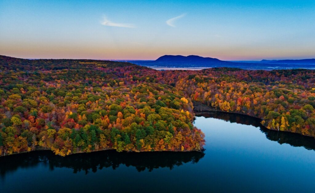 Parc national du Mont-Saint-Bruno aerial view in autumn