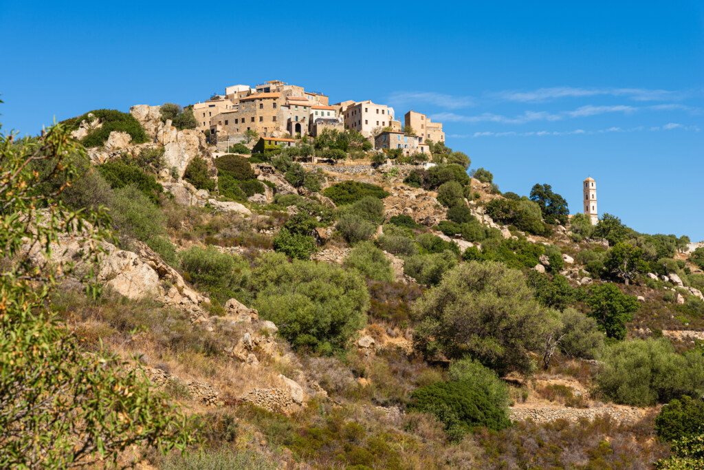 The beautiful medieval village of Sant’Antonio on a hilltop in the Balagne region on Corsica, France