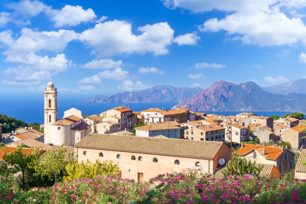 Landscape with Cargese village, Corsica island, France