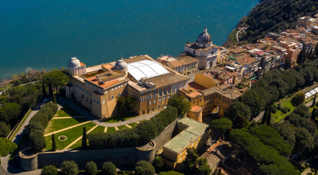 Aerial view of the Papal Palace of Castel Gandolfo, near Rome, Italy. The Apostolic Palace is a complex of buildings served for centuries as a summer residence for the Pope. It overlooks Lake Albano.