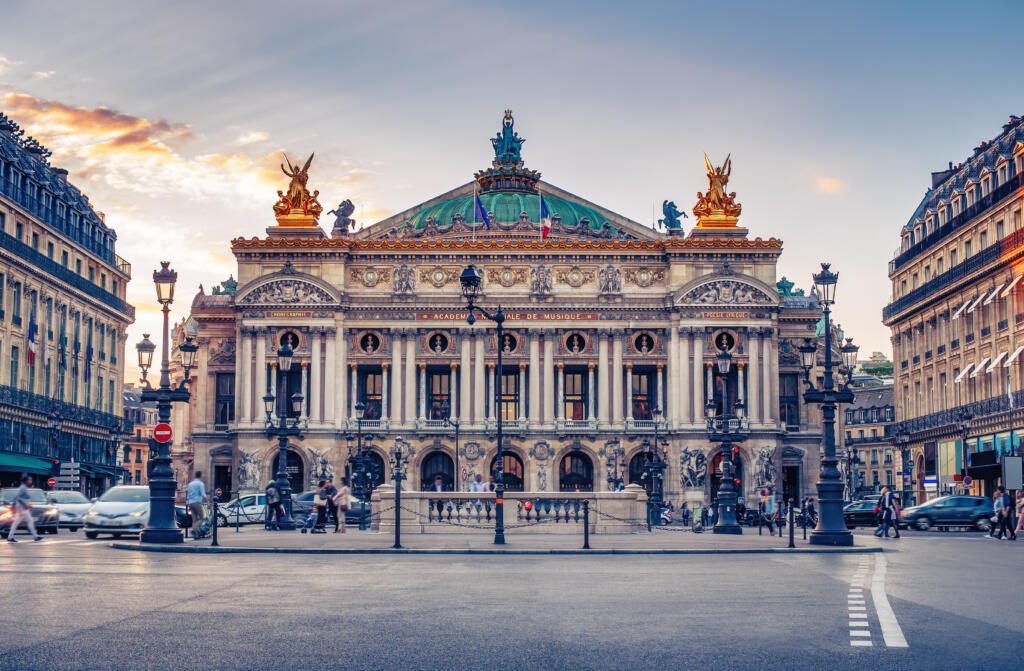 French Opera in Paris, France.  Scenic skyline against sunset sky. Travel background.