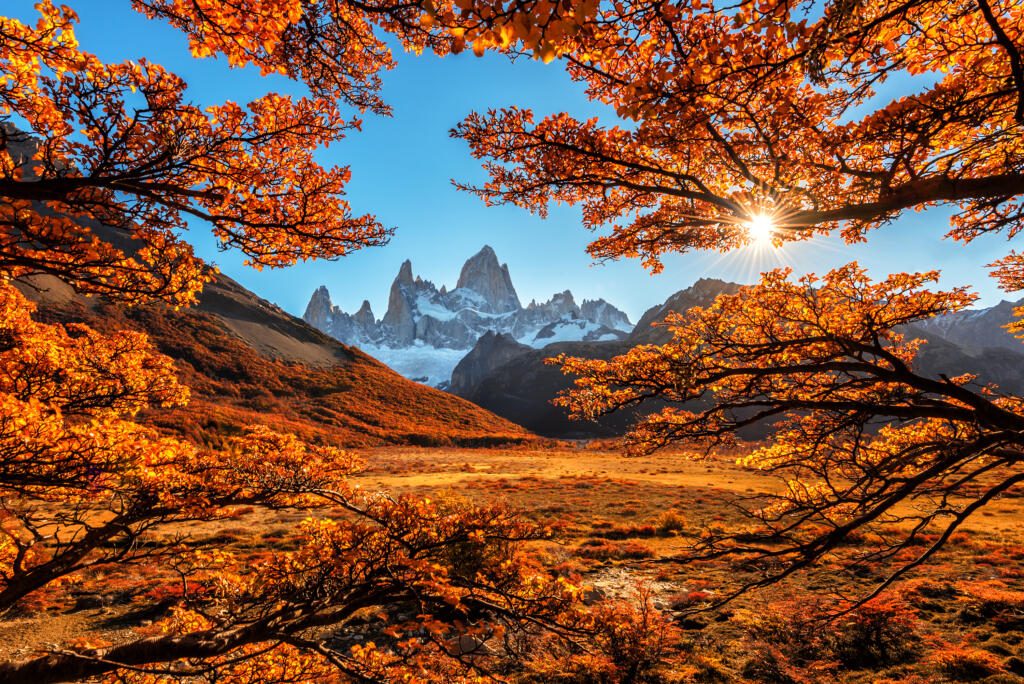 The autumn view of the Monte Fitz Roy (Cerro Chalte) - the peak located in Patagonia in the border area between Argentina and Chile, the view from the trail in the National Park of Los Glaciares