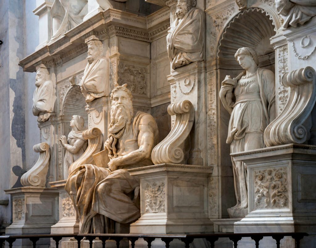 Marble group with statues of Moses, Michelangelo, St. Peter in Vincoli, Rome, Italy