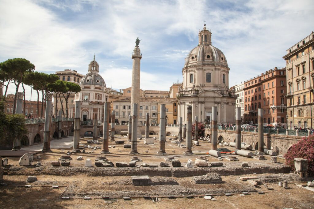 Trajan's Forum and Church of Santa Maria di Loreto in the background, Rome, Italy.