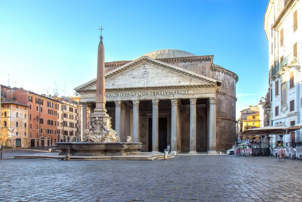 Ancient Roman Pantheon temple, front view - Rome, Italy