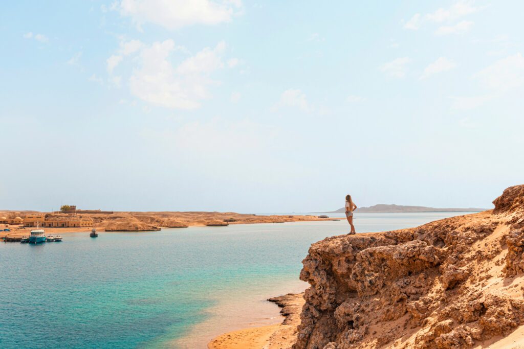 National park Ras Mohammed in Egypt. beautiful seaside with a sandy beach. Landscape with desert, blue sky and sea. Sea view.