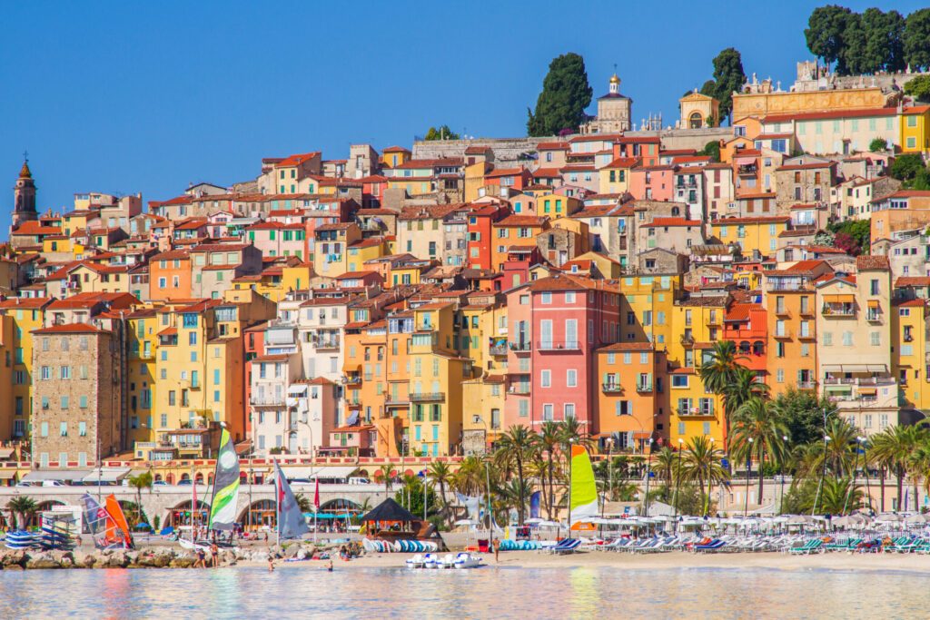 Colorful buildings in the mediaeval town of Menton, French Riviera city in the Mediterranean, France.