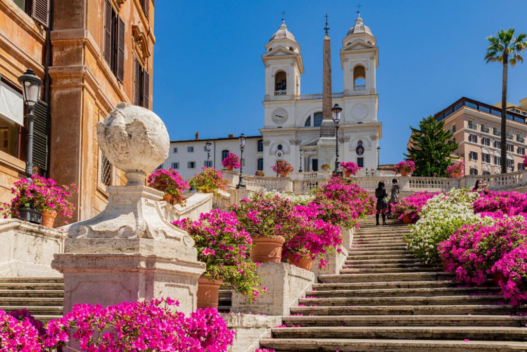 Perspective panorama of the famous Spanish Steps with the Trinita dei Monti church the obelisk in the center of Rome, with a blue sky, clouds and azaleas flower display.Rome, Italy.