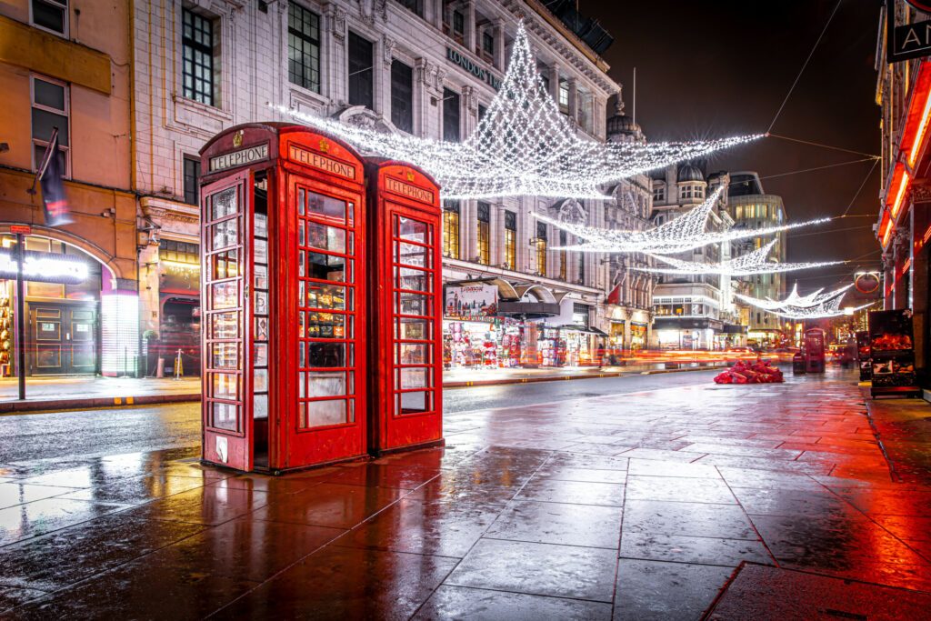 Phone booth near Leicester square during Christmas time in London