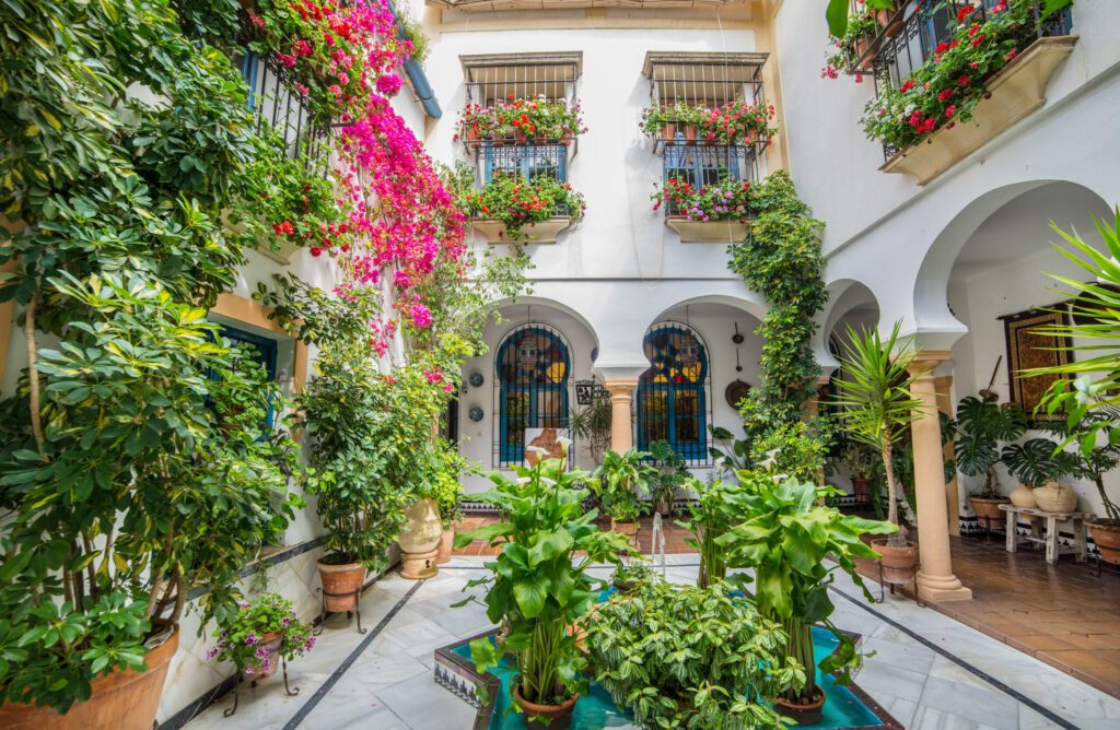 Wide view of a beautiful patio garden decorated with flowers, in Cordoba - Spain