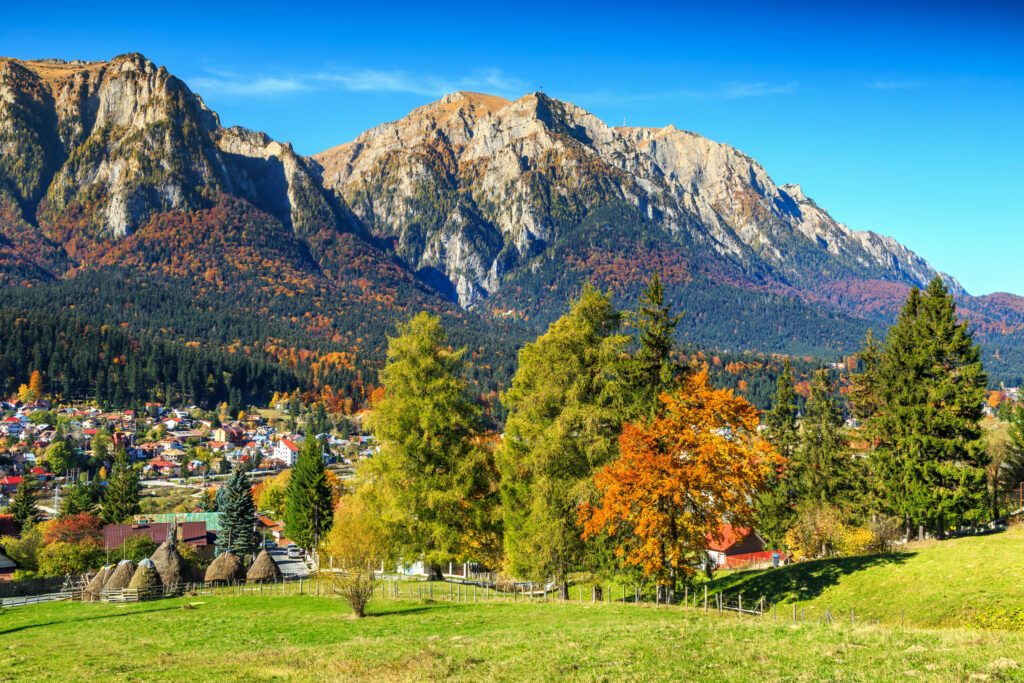 Wonderful green fields with colorful forest,Busteni,Transylvania,Romania,Europe