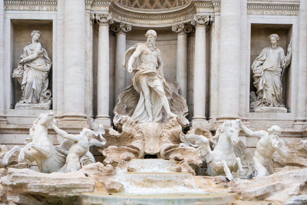 The Trevi fountain with Oceanus, god of the sea, in the center in Rome, Italy