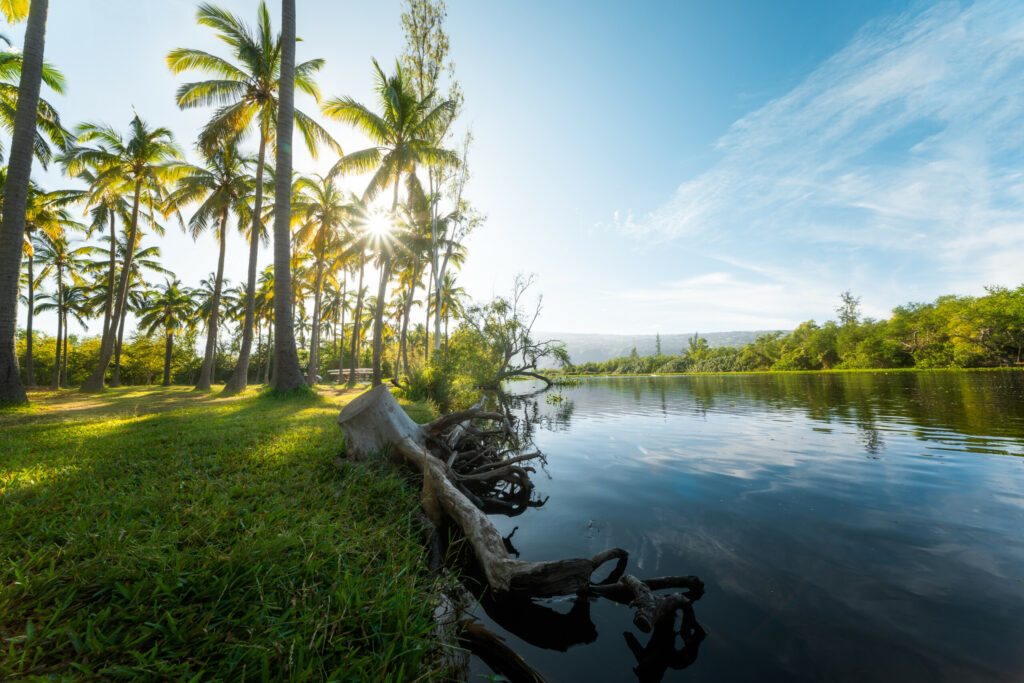 Bright blue sky over l'Etang Saint Paul in Reunion Island