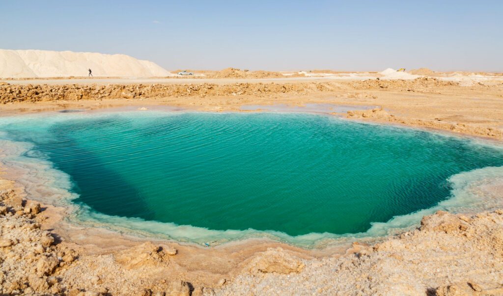 Natural Salt water lake in desert. Oasis in Siwa, Egypt. Tourism spot in Egypt