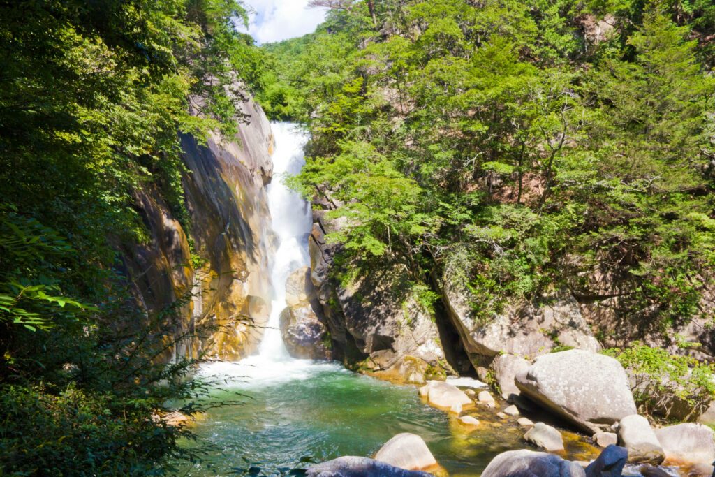 Sengataki Waterfall near Shosenkyo gorge in Kofu city, Yamanashi prefecture, Chubu, Japan.