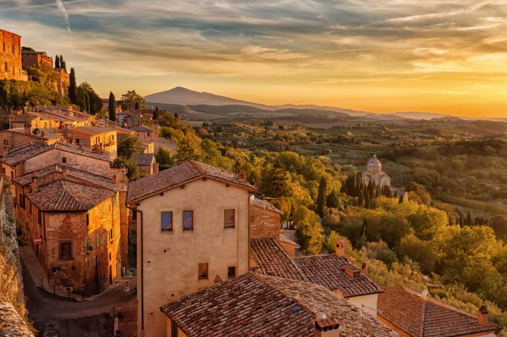 Tuscany,view from the walls of Montepulciano in sunset, Italy